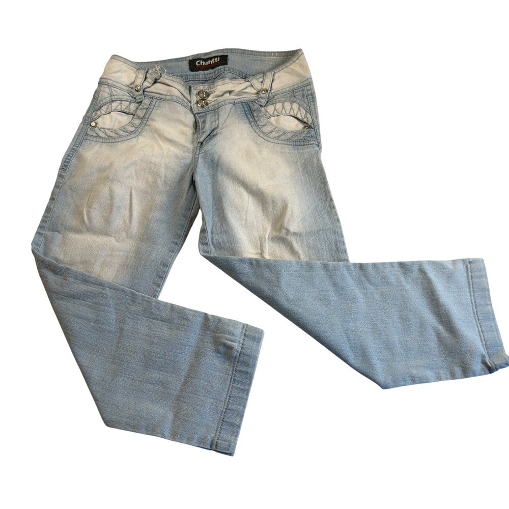 Y2K Capri Jeans Light Wash Faded Colombian Denim Ruched Pockets Low Rise Size 8